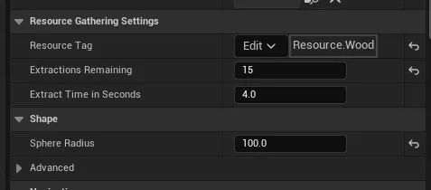 The Resource Component details with Resource Tag, Extractions Remaining, Extract Time in Seconds, and the collision Sphere Radius