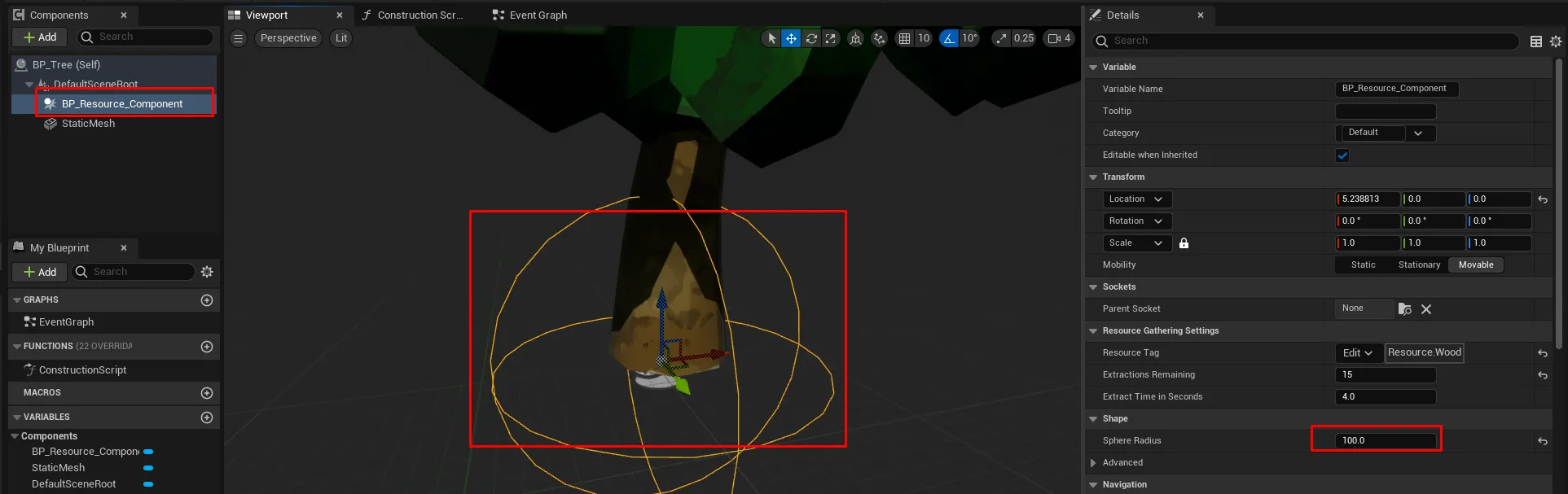 The Resource Component's collision sphere drawn larger than the tree mesh in the viewport